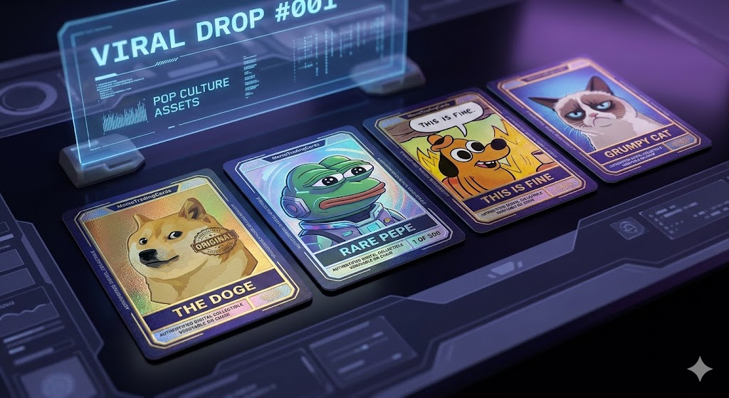 A high-resolution product shot of four physical meme trading cards and a dynamic, glowing holographic interface on a dark, futuristic background